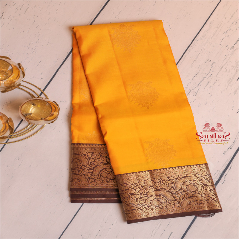 MUSTARD YELLOW COLOUR BODY WITH GOLDEN ZARI PARROT MOTIFS AND CONTRAST PALLU & BLOUSE
