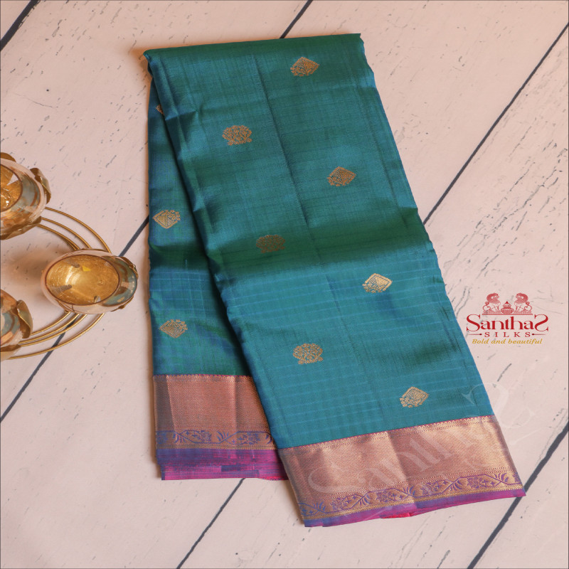 PEACOCK BLUE COLOUR BODY WITH GOLDEN ZARI BUTTAS AND CONTRAST PALLU & BLOUSE