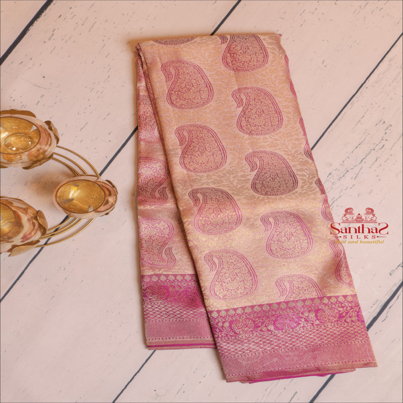 PASTEL PINK COLOUR BODY WITH GOLDEN ZARI FANCY DESIGNS & MANGO MOTIFS AND CONTRAST PALLU & BLOUSE