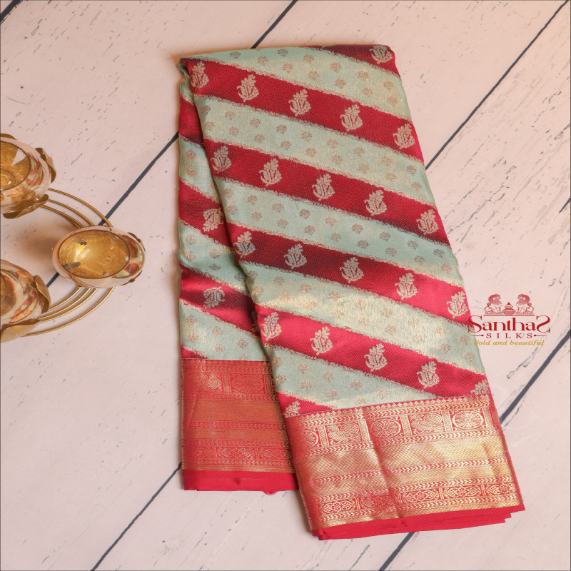 AQUA BLUE & DARK ROSE COLOUR MIXED BODY WITH GOLDEN ZARI FANCY DESIGN PATTERN AND CONTRAST PALLU & BLOUSE