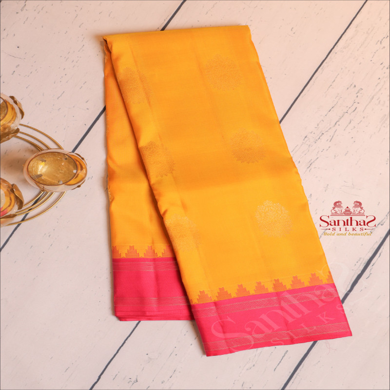 FIRE YELLOW COLOUR BODY WITH GOLDEN ZARI MOTIFS AND CONTRAST PALLU & BLOUSE