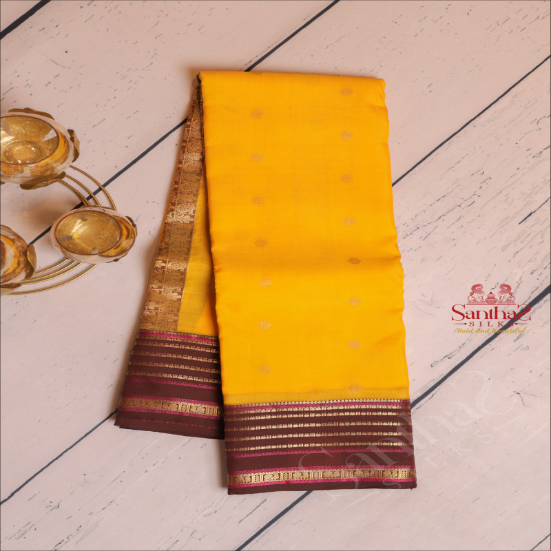 BRIGHT YELLOW COLOUR BODY WITH GOLDEN ZARI BUTTAS AND CONTRAST PALLU & BLOUSE