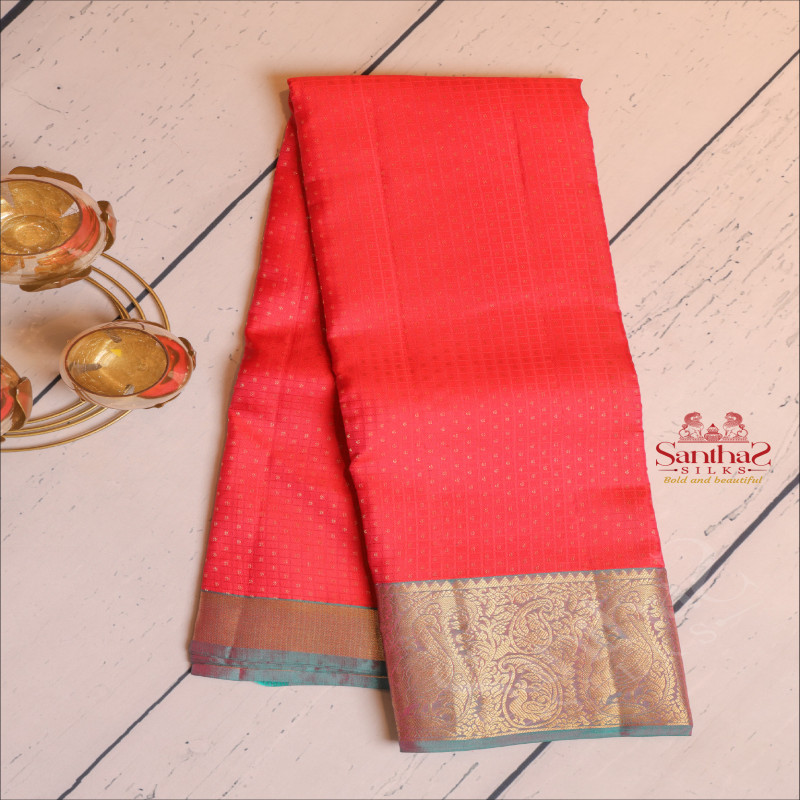 TOMATO RED COLOUR BODY WITH GOLDEN ZARI BUTTAS & SMALL CHECKED BOX AND CONTRAST PALLU & BLOUSE