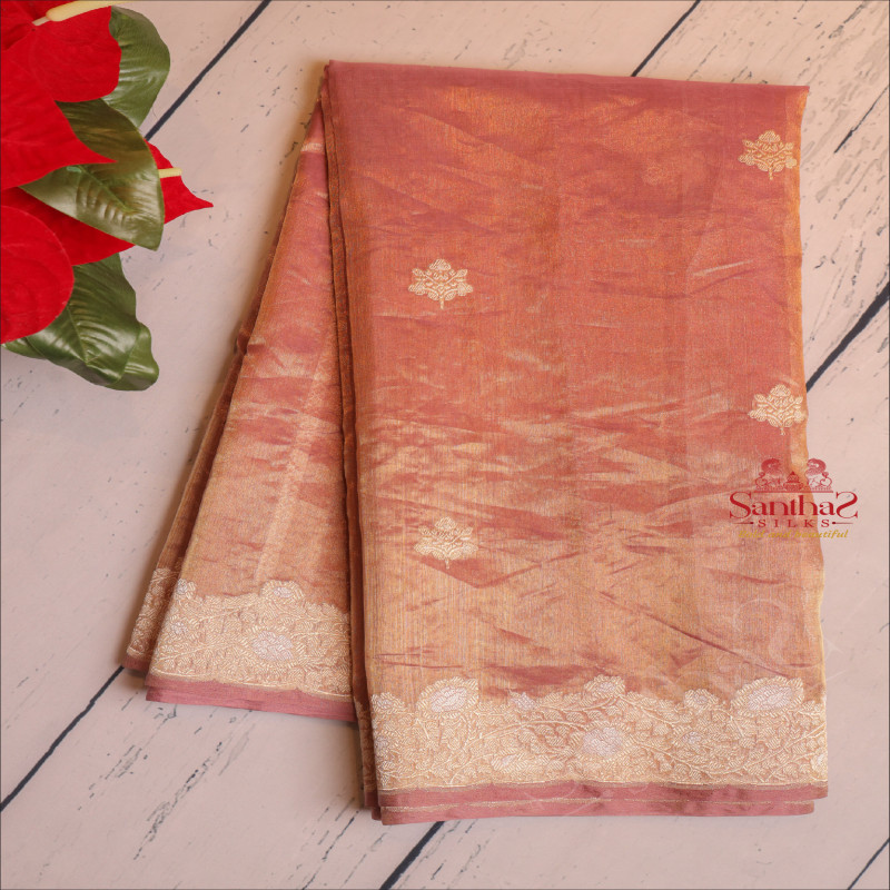 KORA KHATAN SILK SAREE IN ROSE AND GOLD COLOUR MIXED WITH FLOWER MOTIFS
