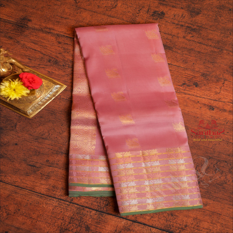 PASTEL TULIP PINK COLOUR BODY WITH GOLDEN ZARI CRANE BUTTAS AND SELF COLOUR PALLU & BLOUSE