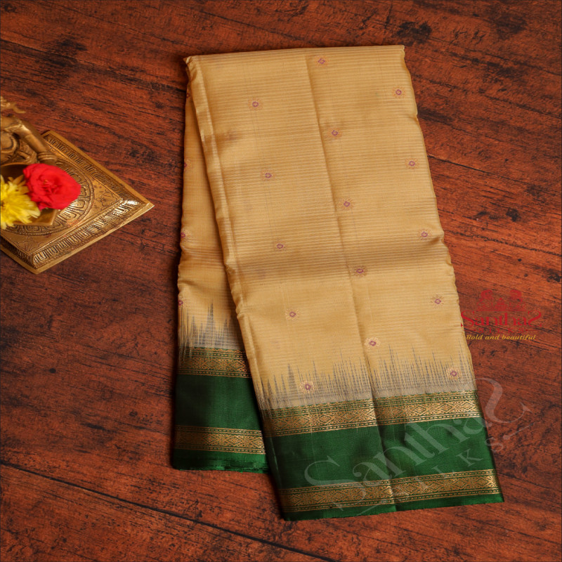 CREAM COLOUR BODY WITH GOLDEN ZARI BUTTAS AND CONTRAST PALLU & BLOUSE