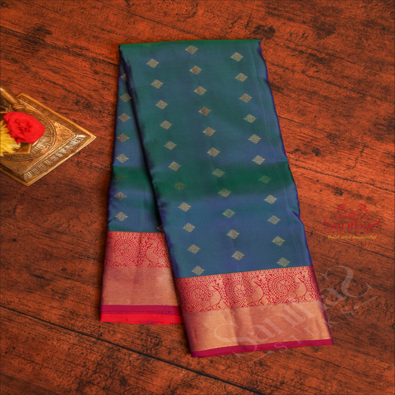 PEACOCK BLUE COLOUR BODY WITH GOLDEN ZARI BUTTAS AND CONTRAST PALLU & BLOUSE