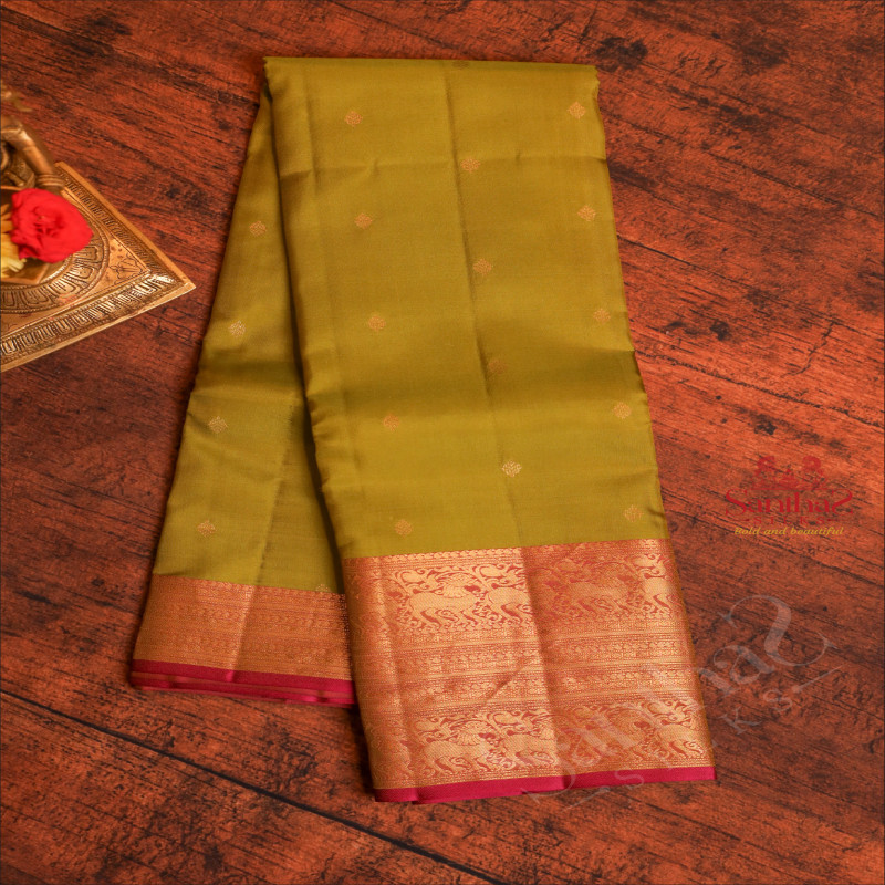SHEEN GREEN COLOUR BODY WITH GOLDEN ZARI BUTTAS AND CONTRAST PALLU & BLOUSE