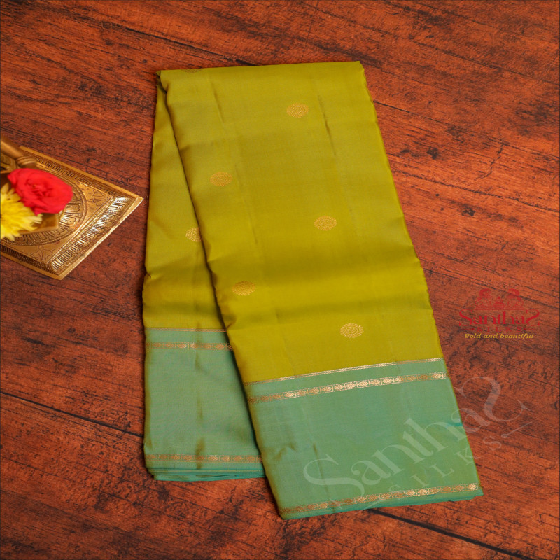 MEHANDI GREEN COLOUR BODY WITH GOLDEN ZARI BUTTAS AND CONTRAST PALLU & BLOUSE