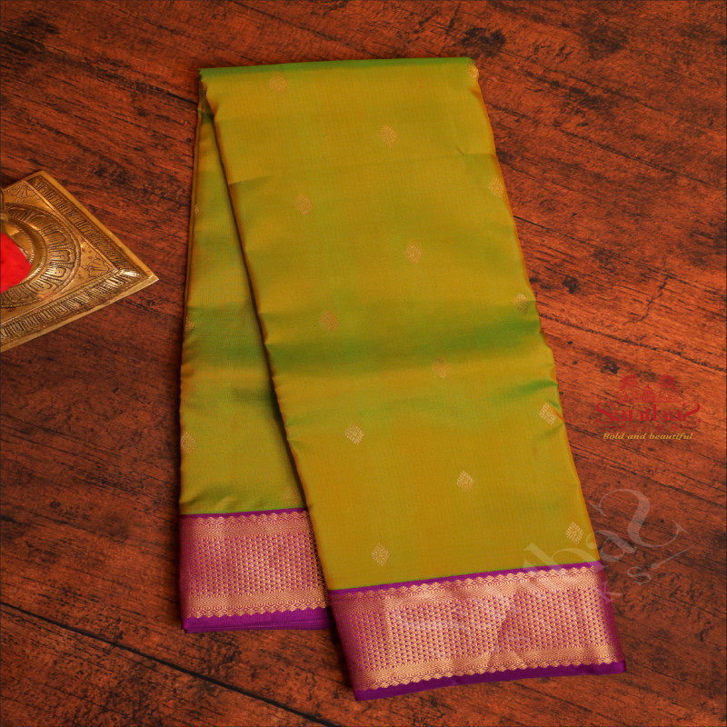 LIME GREEN COLOUR BODY WITH GOLDEN ZARI BUTTAS AND CONTRAST PALLU & BLOUSE