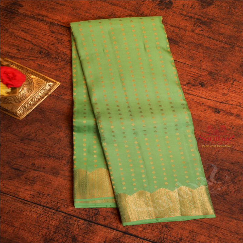 LIGHT GREEN COLOUR BODY WITH GOLDEN ZARI BUTTAS AND CONTRAST PALLU & BLOUSE