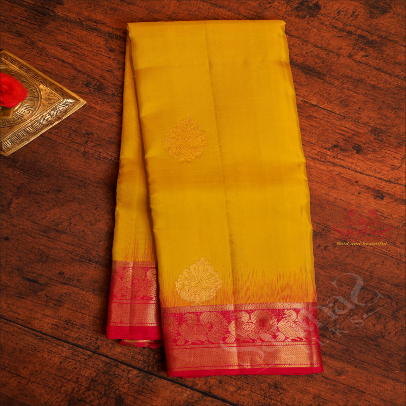 YELLOW COLOUR BODY WITH GOLDEN ZARI BUTTA WITH CONTRAST BLOUSE & BORDER