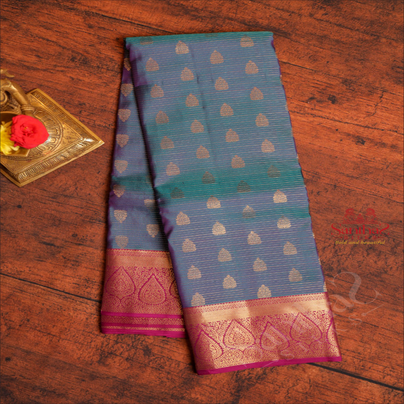 BLUE COLOUR BODY WITH ZARI STRIPS AND BUTTA WITH CONTRAST BLOUSE & BORDER