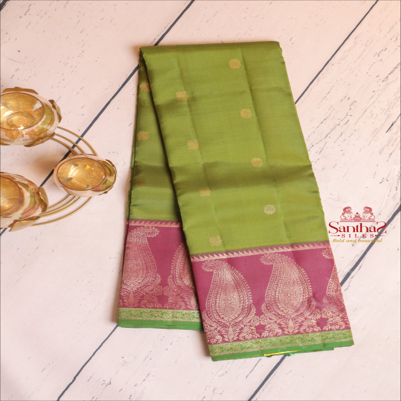 LAWN GREEN COLOUR BODY WITH GOLDEN ZARI ANNAM & CHAKRA MOTIFS AND CONTRAST PALLU & BLOUSE