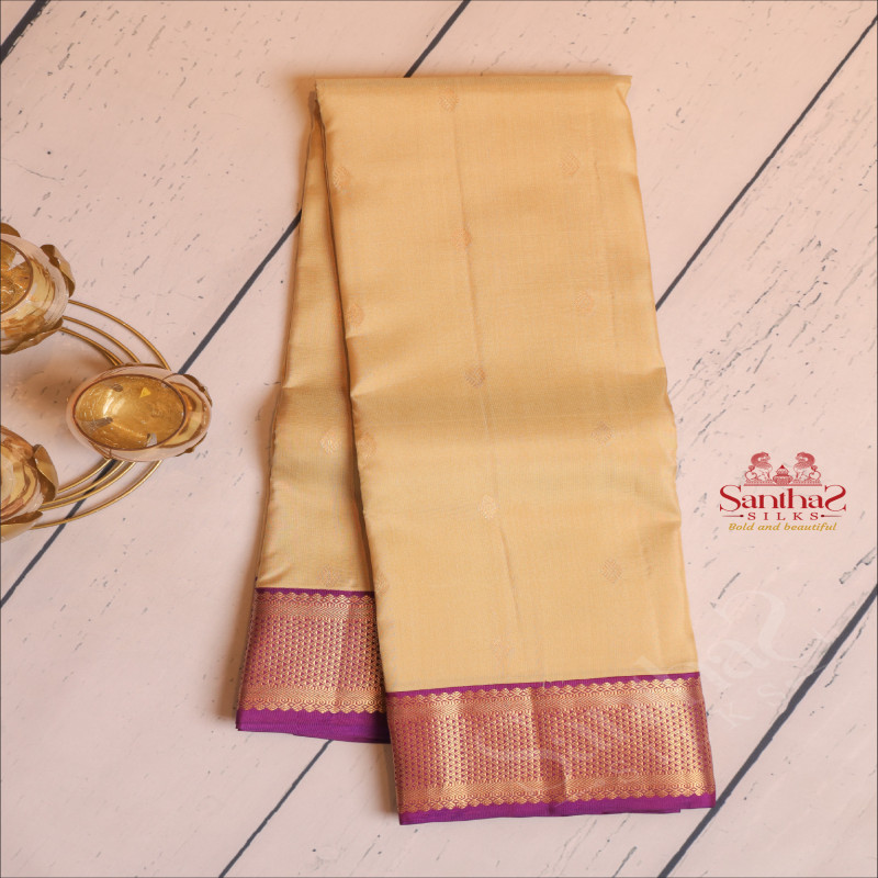 BEIGE COLOUR BODY WITH GOLDEN ZARI DIAMOND BUTTAS AND CONTRAST PALLU & BLOUSE