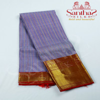 Grey Color Pure Silk Saree in Zig Zag Pattern with Gold Zari Border