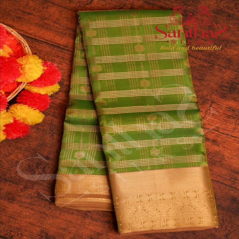 GREEN COLOUR BODY WITH GOLDEN ZARI CHECKED PATTERN & BUTTAS AND CONTRAST PALLU & BLOUSE