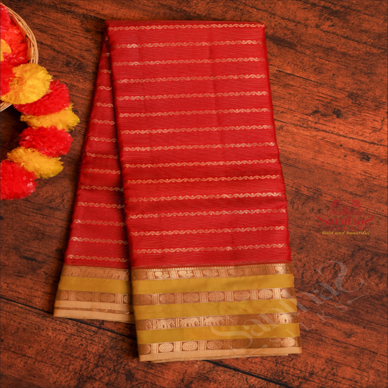 RED COLOUR BODY WITH VELTHARI STRIPS AND ZARI MOTIF WITH CONTRAST BLOUSE & BORDER