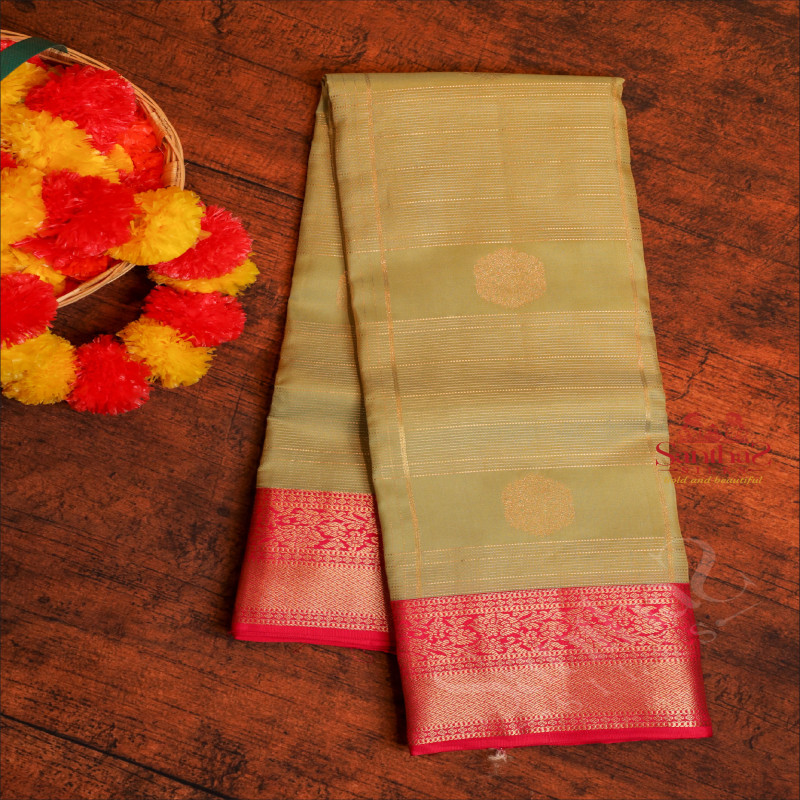 SAGE GREEN COLOUR BODY WITH GOLDEN ZARI LINES & BUTTAS AND CONTRAST PALLU & BLOUSE