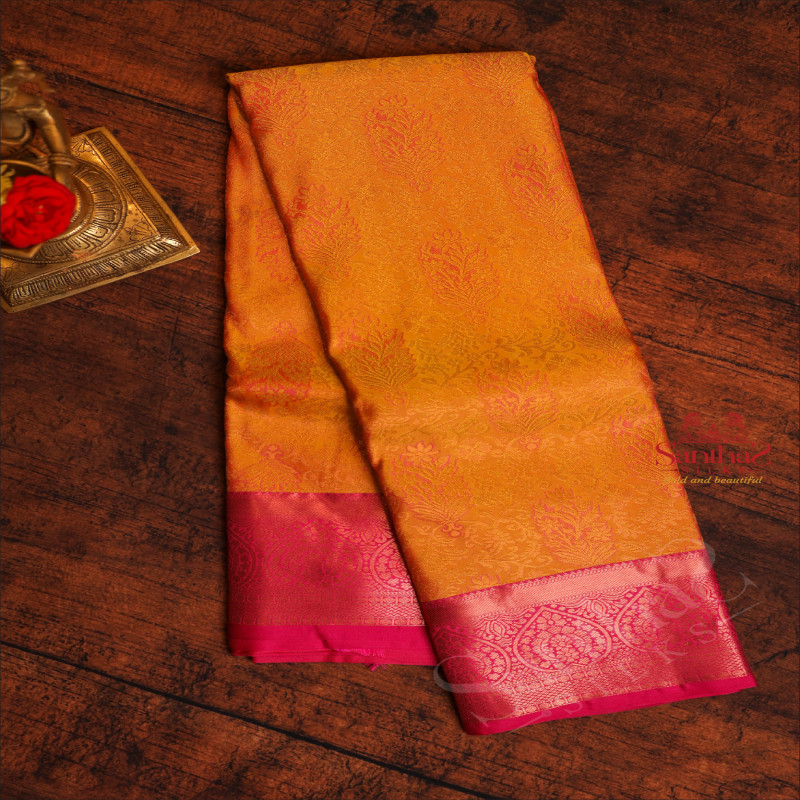 YELLOW COLOUR BODY WITH JACQUARD FLORAL EMBOSED WITH CONTRAST BLOUSE & BORDER