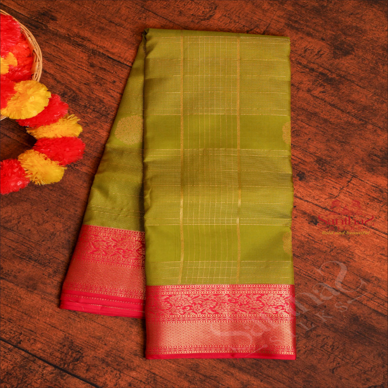 YELLOW GREEN COLOUR BODY WITH GOLDEN ZARI STRIPS & BUTTA AND CONTRAST PALLU & BLOUSE