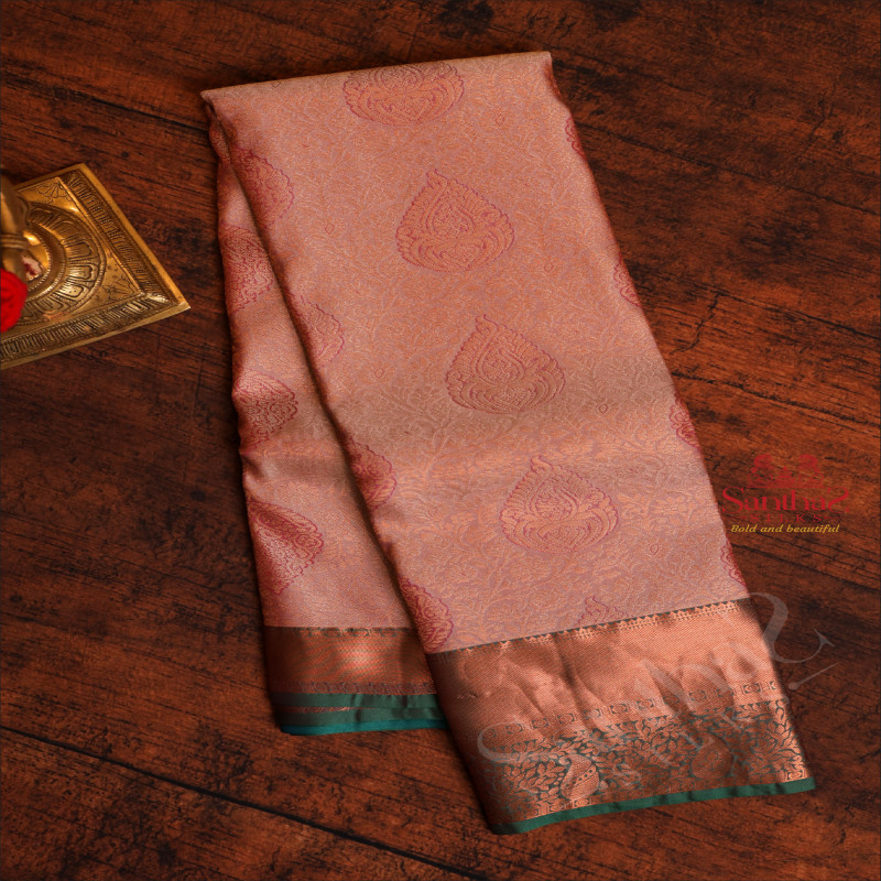 LIGHT PINK COLOUR BODY WITH JACQUARD FLORAL EMBOSED WITH CONTRAST BLOUSE & BORDER