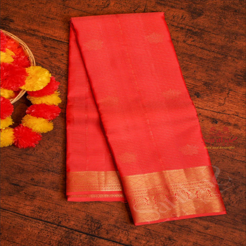 PEACH COLOUR BODY WITH GOLDEN ZARI STRIPS AND SELF COLOUR PALLU & BLOUSE