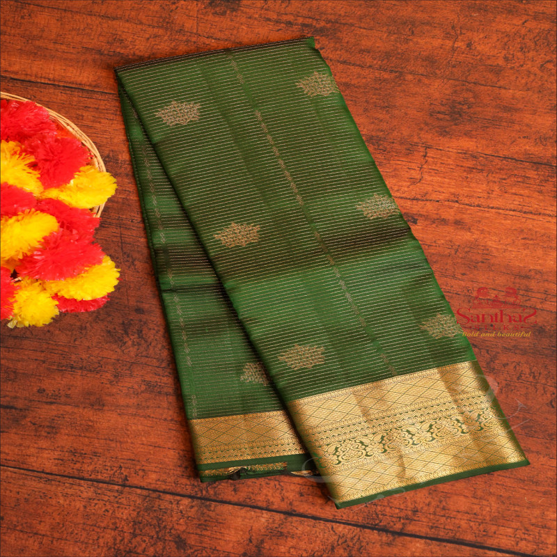 DARK GREEN COLOUR BODY WITH GOLDEN ZARI STRIPS & BUTTA AND SELF COLOUR PALLU & BLOUSE