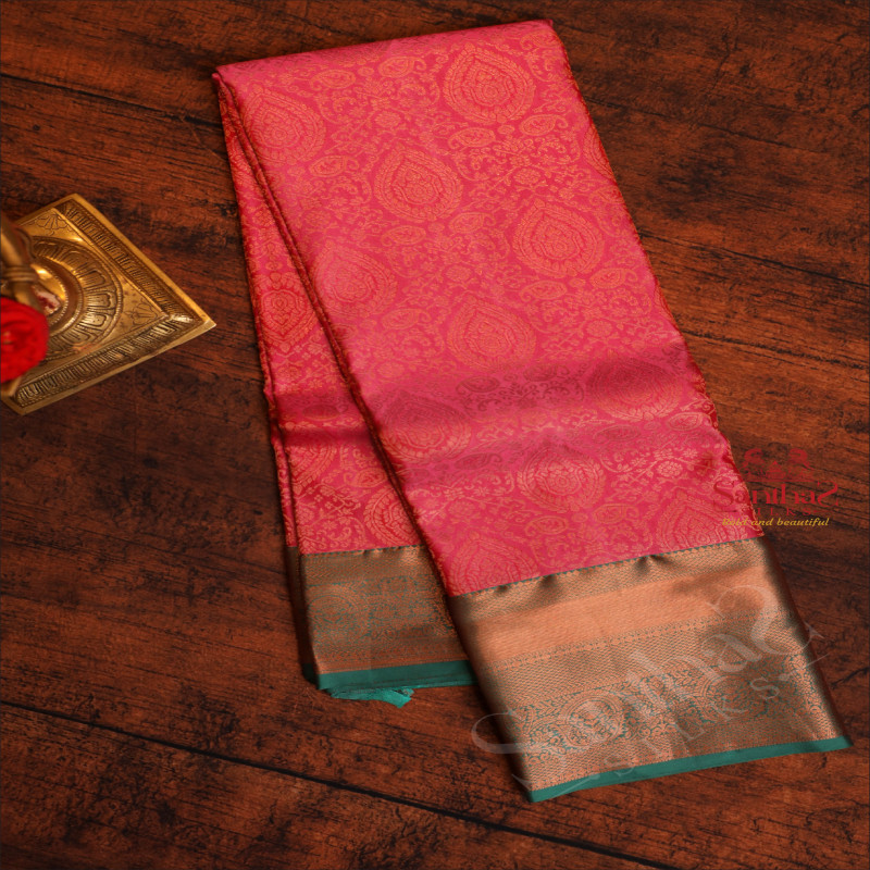 PINK COLOUR BODY WITH JACQUARD FLORAL EMBOSED WITH CONTRAST BLOUSE & BORDER