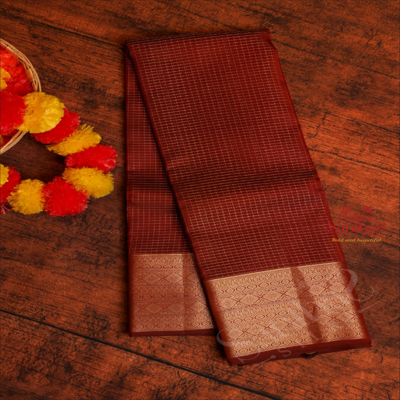 MAROON COLOUR BODY WITH GOLDEN ZARI CHECKS AND SELF COLOUR PALLU & BLOUSE