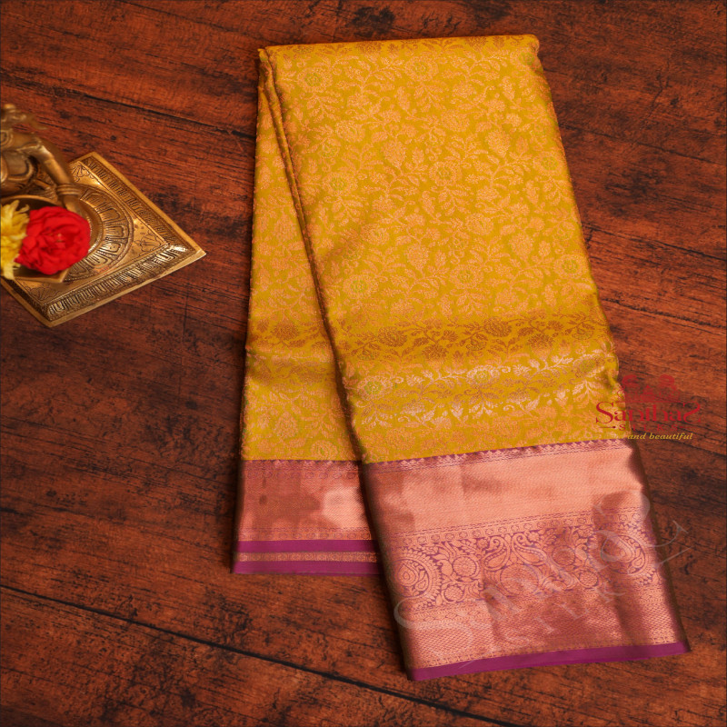 MUSTARD YELLOW COLOUR BODY WITH JACQUARD FLORAL EMBOSED WITH CONTRAST BLOUSE & BORDER