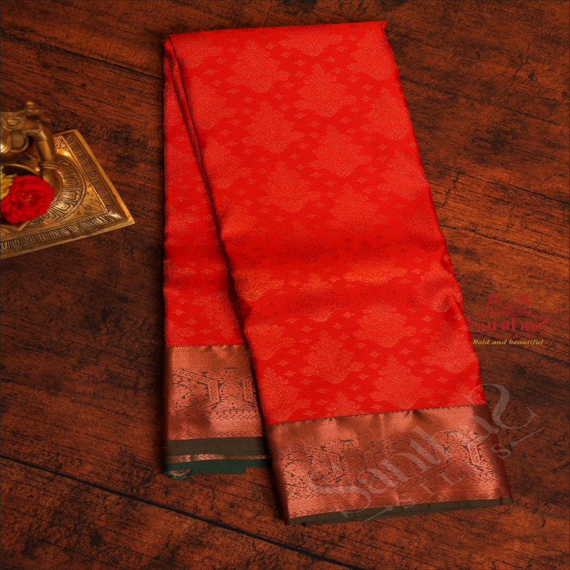 BRIGHT RED COLOUR BODY WITH JACQUARD FLORAL EMBOSED WITH CONTRAST DARK GREEN BLOUSE & BORDER