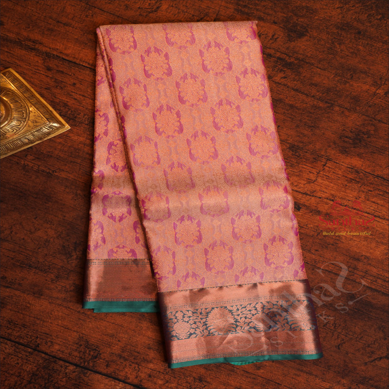 LIGHT PINK COLOUR BODY WITH JACQUARD FLORAL EMBOSED WITH CONTRAST BLUE BLOUSE & BORDER