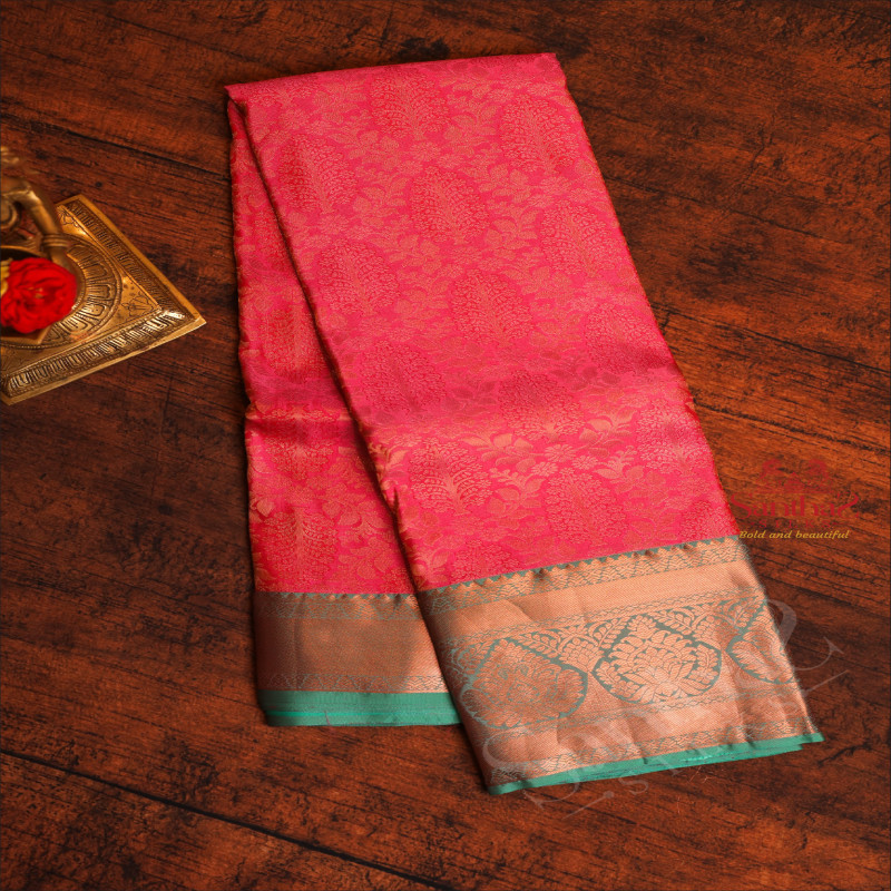 ROSEMILK COLOUR BODY WITH JACQUARD FLORAL EMBOSED WITH CONTRAST BLUE BLOUSE & BORDER