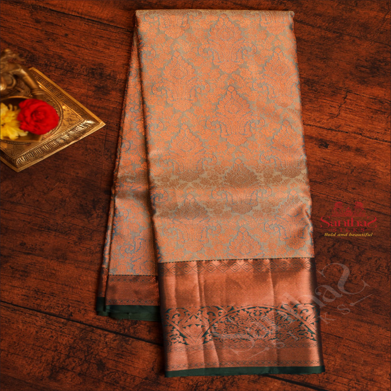 BEAU BLUE COLOUR BODY WITH JACQUARD FLORAL EMBOSED WITH CONTRAST BLOUSE & BORDER