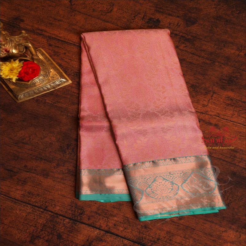 BABY PINK COLOUR BODY WITH JACQUARD FLORAL EMBOSED WITH CONTRAST BLOUSE & BORDER