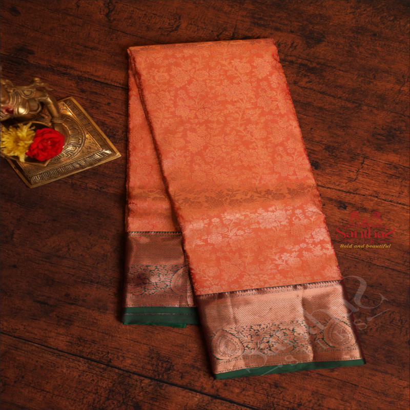 TANGERINE ORANGE COLOUR BODY WITH JACQUARD FLORAL EMBOSED WITH CONTRAST BLOUSE & BORDER