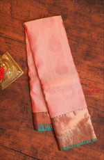 SAND PEACH COLOUR BODY WITH JACQUARD FLORAL EMBOSED WITH CONTRAST GREEN BLOUSE & BORDER