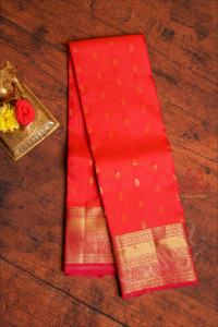 red-colour-body-with-golden-zari-strips-butta-and-contrast-pallu-blouse
