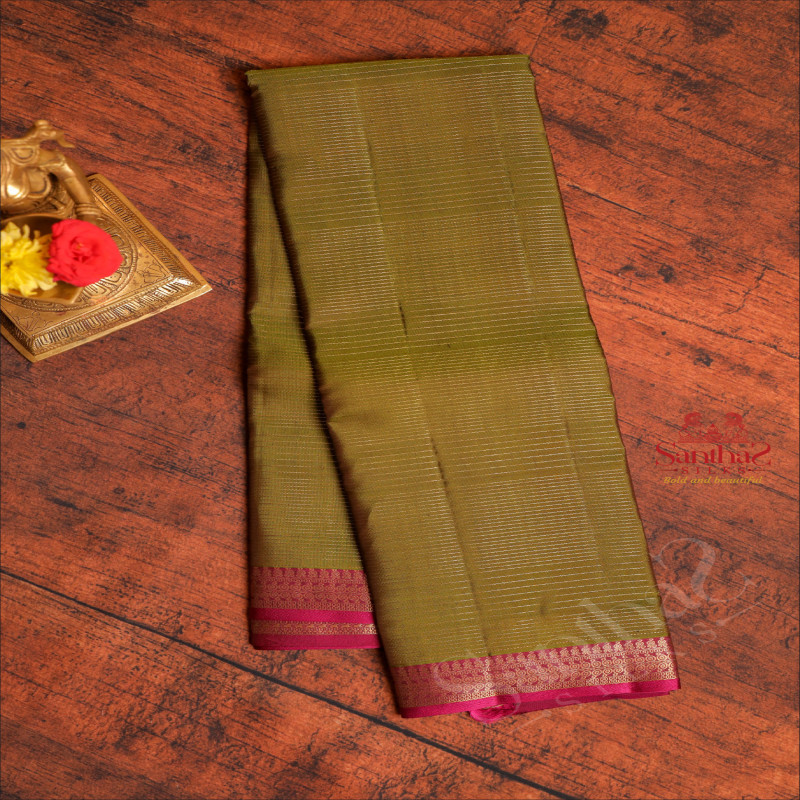 OLIVE GREEN COLOUR WITH GOLDEN ZARI STRIPS AND CONTRAST PALLU & BLOUSE