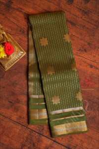 dark-moss-green-colour-body-with-golden-zari-strips-butta-and-self-colour-pallu-blouse