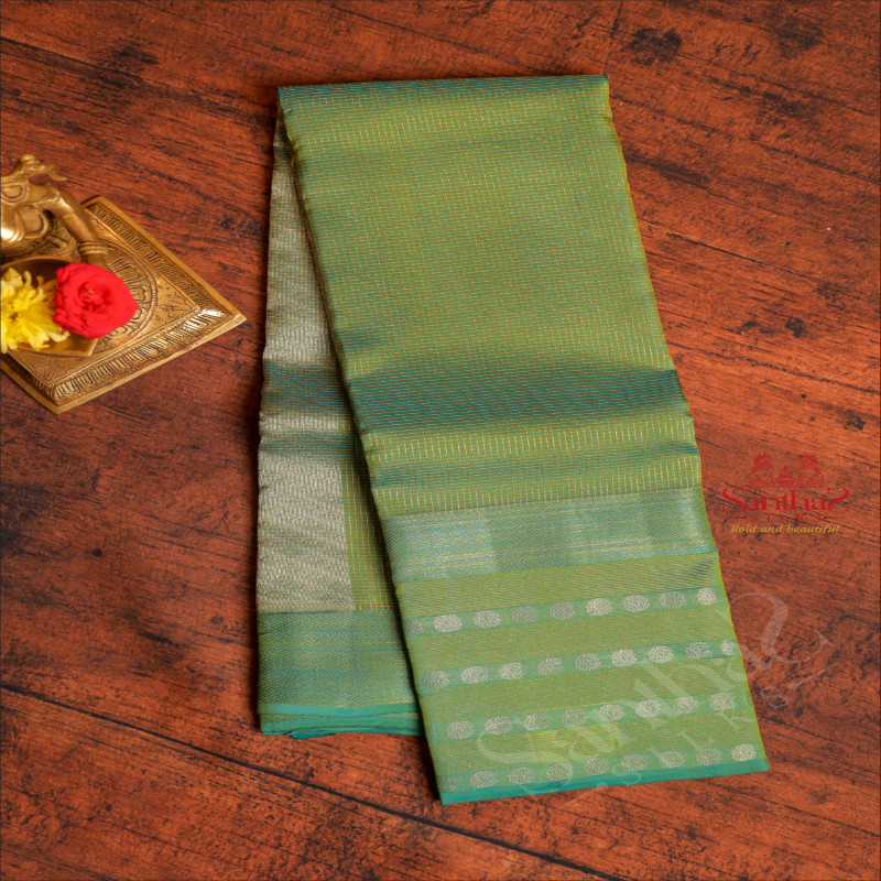 PISTACHIO GREEN COLOUR BODY WITH GOLDEN ZARI CHECKED BOXES AND SELF COLOUR PALLU & BLOUSE