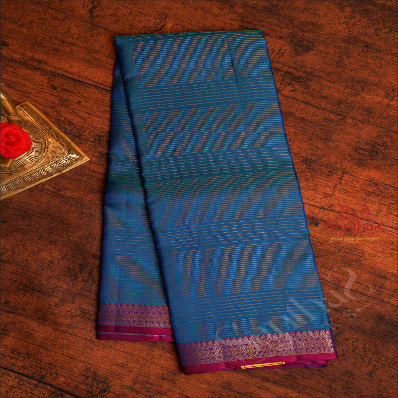 PRUSSIAN BLUE COLOUR STRIPS BODY WITH CONTRAST BLOUSE & BORDER