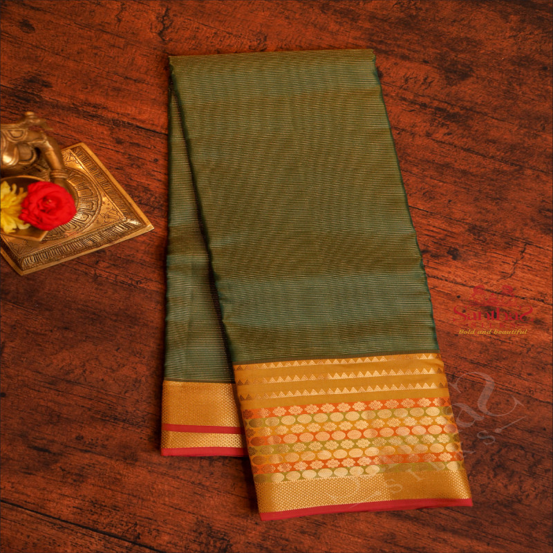 CADMIUM GREEN COLOUR BODY WITH GOLDEN ZARI STRIPS AND CONTRAST PALLU & BLOUSE