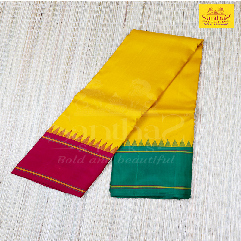 Mustard Yellow Body Plain with Red Green Ganga Jamuna Border without Zari
