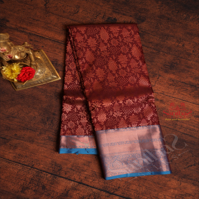 MAROON COLOUR BODY WITH COPPER ZARI JACQUARD FLORAL EMBOSED WITH CONTRAST BLOUSE & PALLU
