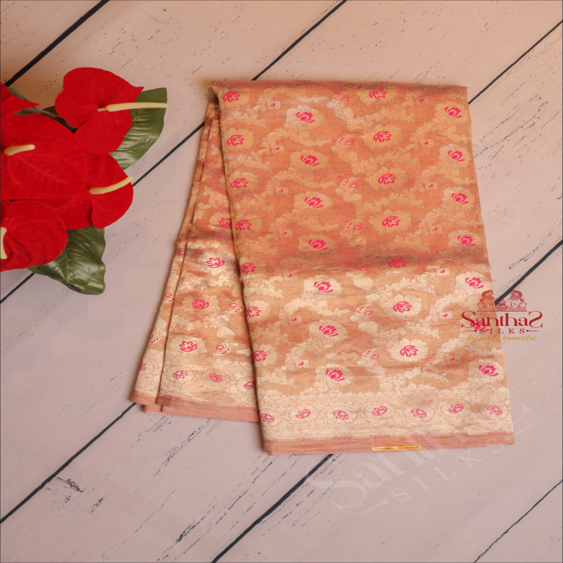 BANARAS TISSUE SAREE IN ROSEGOLD COLOUR WIYH FLORAL DESIGN