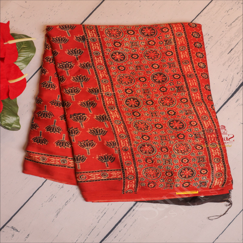 BRICK RED COLOUR MODAL SILK IN AJRAKH PRINT