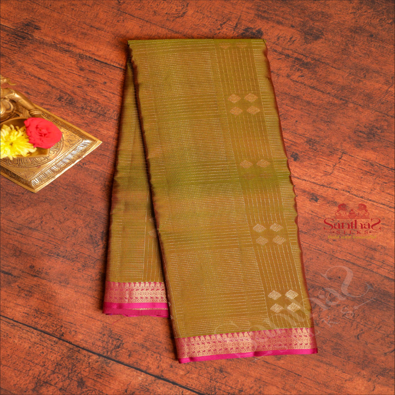 OLIVE GREEN COLOUR BODY WITH GOLDEN ZARI STRIPS & BUTTAS AND CONTRAST PALLU & BLOUSE