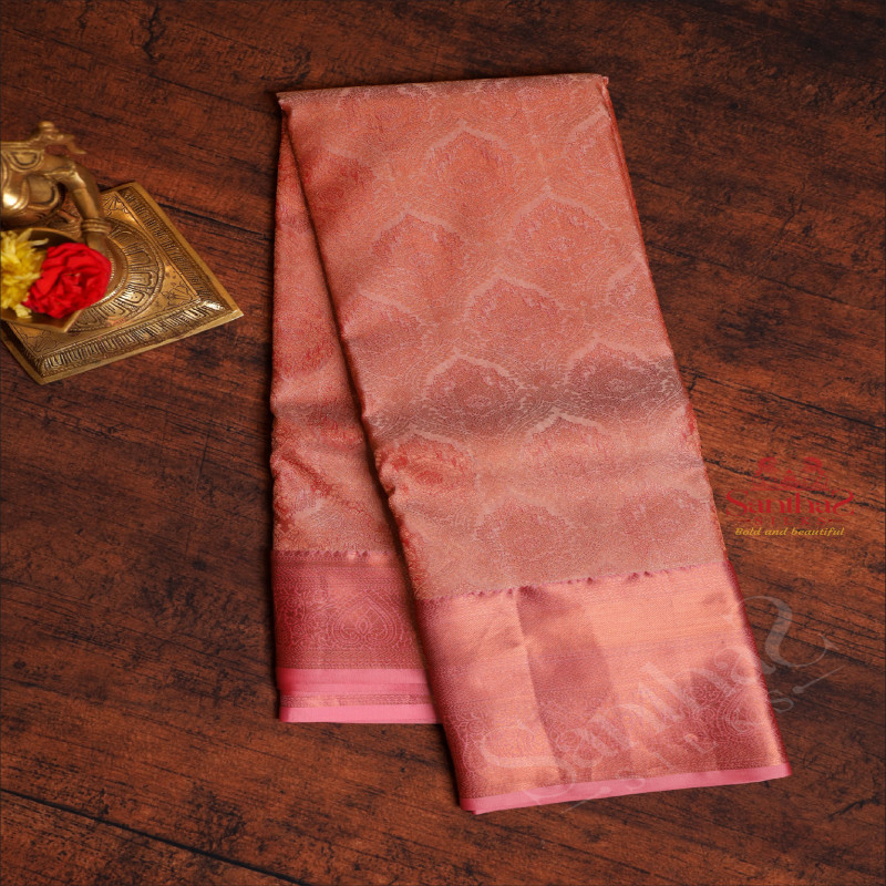 BABY PINK COLOUR BODY WITH JACQUARD FLORAL EMBOSED WITH CONTRAST BLOUSE & BORDER